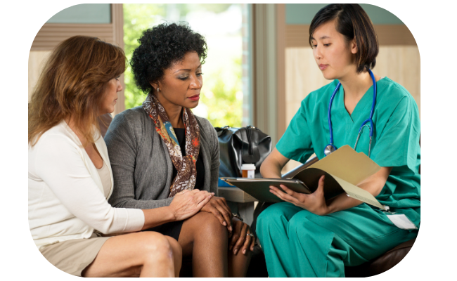  Image of home care nurse sitting with two family members, discussing care options.